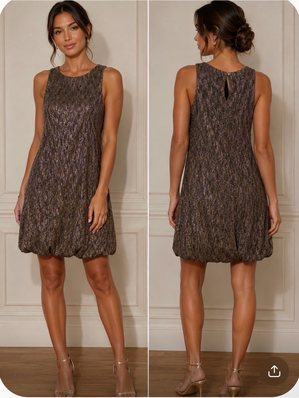 Sleeveless Metallic Bubble-Hem Dress in Bronze